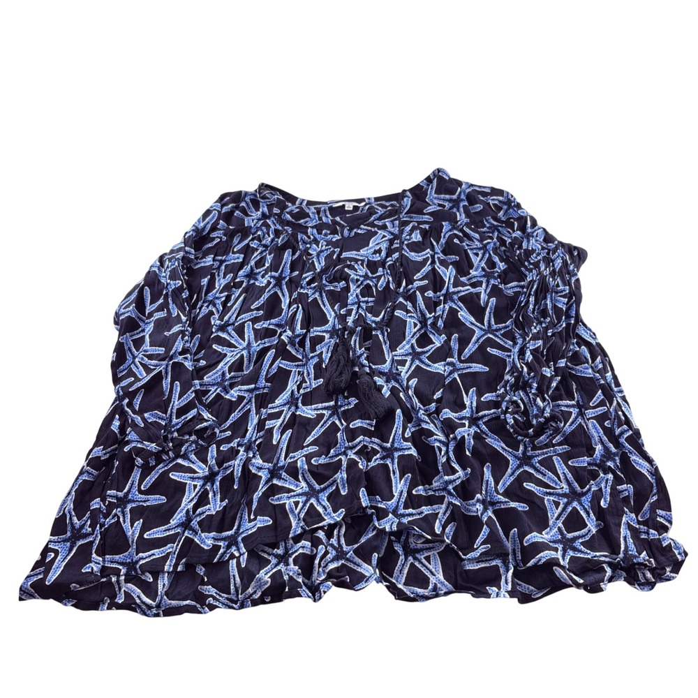 Crown & Ivy Womens Blue Starfish Print Tassel Split Neck Blouse Top Navy Size M